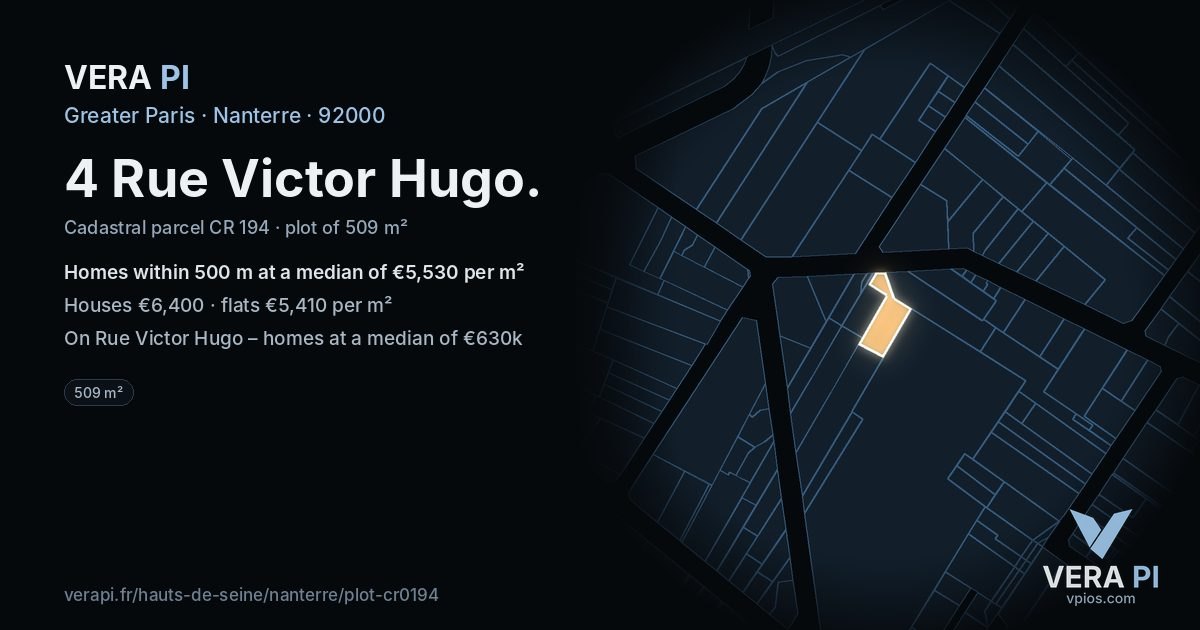 4 Rue Victor Hugo, Nanterre at night – the plot lit, the parcels around coloured by the prices near them