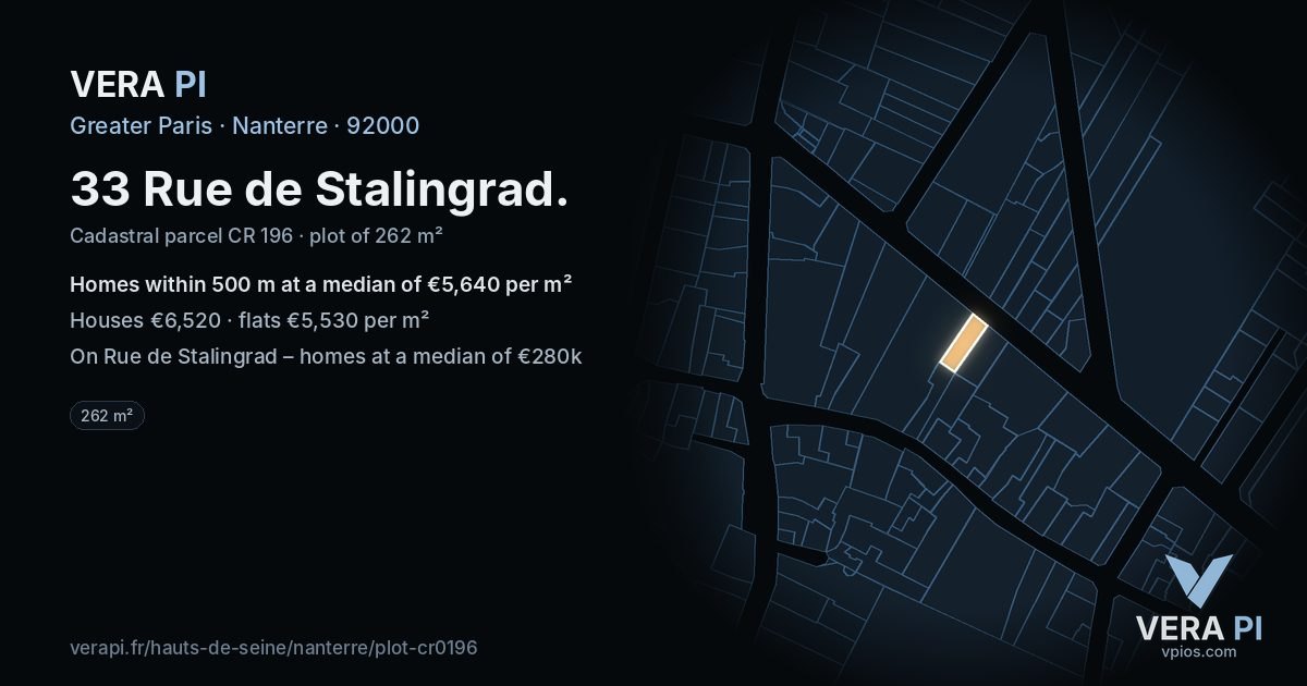 33 Rue de Stalingrad, Nanterre at night – the plot lit, the parcels around coloured by the prices near them