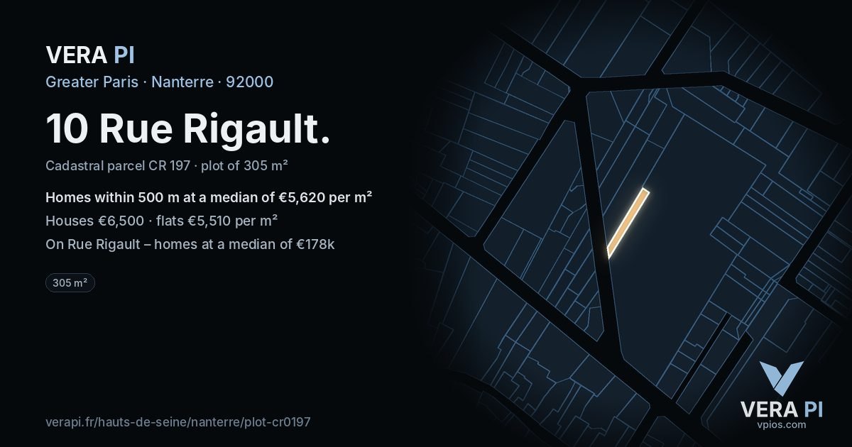 10 Rue Rigault, Nanterre at night – the plot lit, the parcels around coloured by the prices near them
