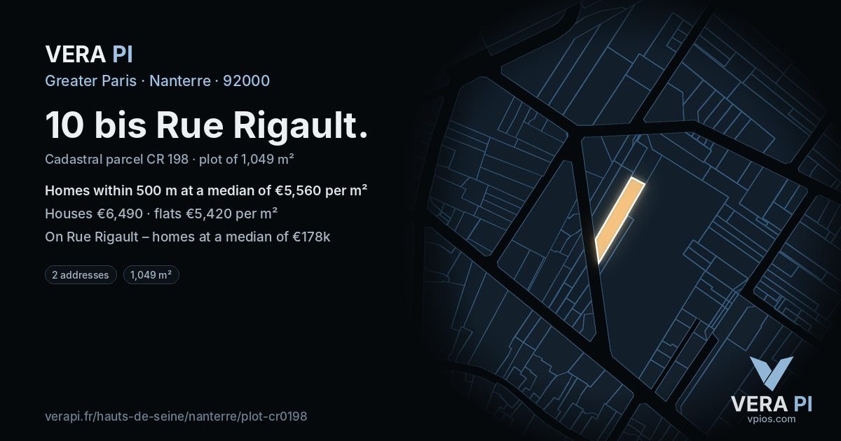 10 bis Rue Rigault, Nanterre at night – the plot lit, the parcels around coloured by the prices near them
