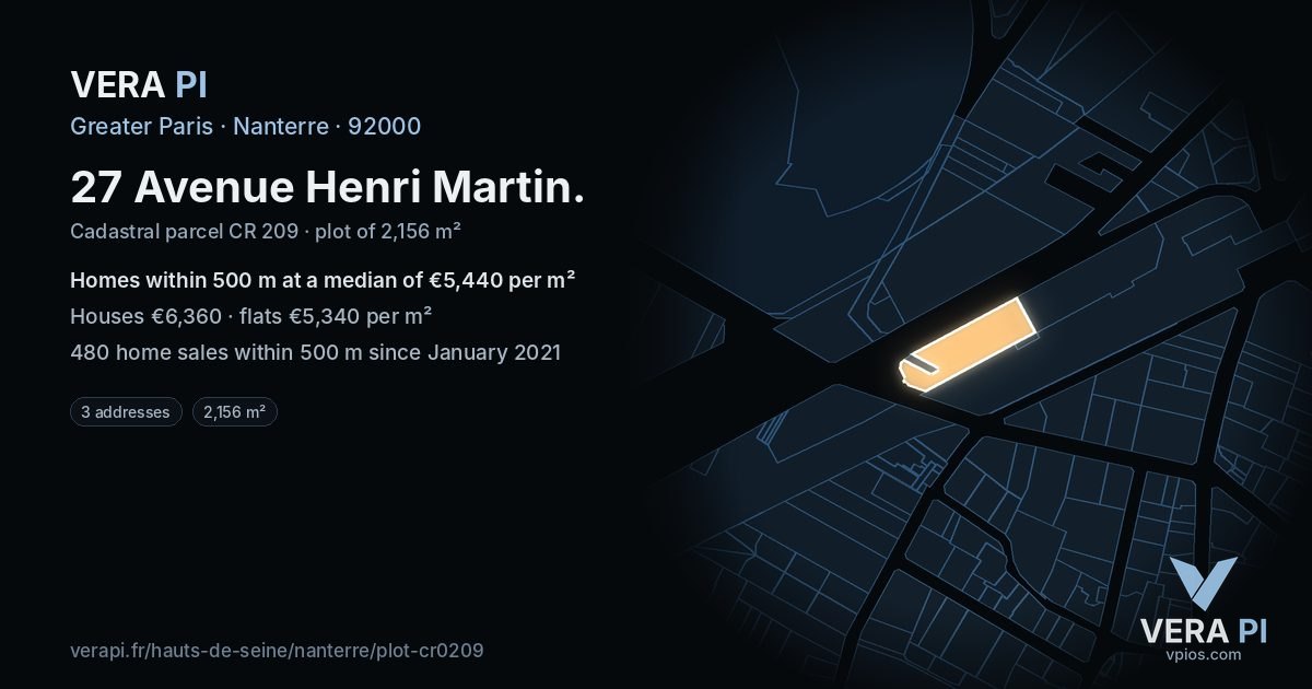 27 Avenue Henri Martin, Nanterre at night – the plot lit, the parcels around coloured by the prices near them