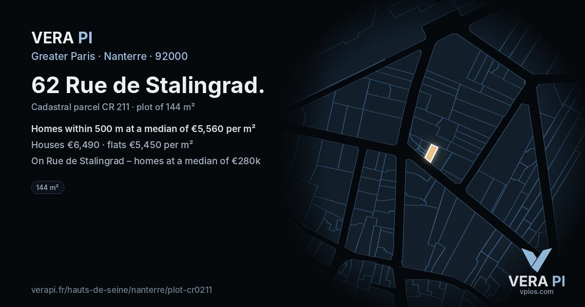 62 Rue de Stalingrad, Nanterre at night – the plot lit, the parcels around coloured by the prices near them