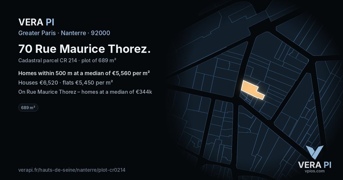 70 Rue Maurice Thorez, Nanterre at night – the plot lit, the parcels around coloured by the prices near them