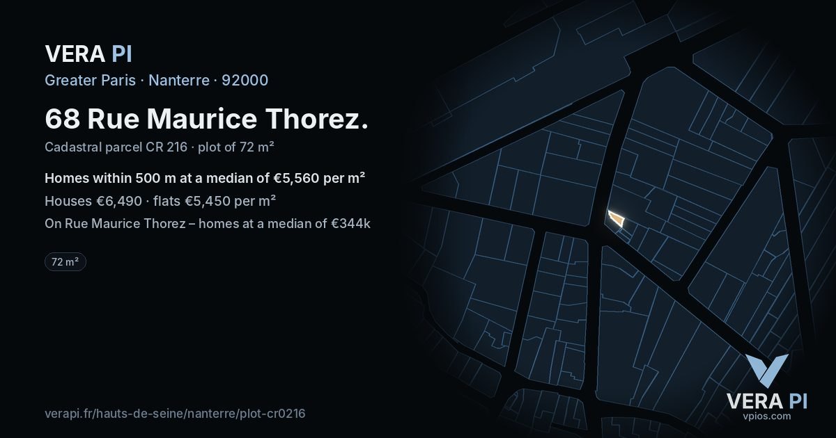 68 Rue Maurice Thorez, Nanterre at night – the plot lit, the parcels around coloured by the prices near them