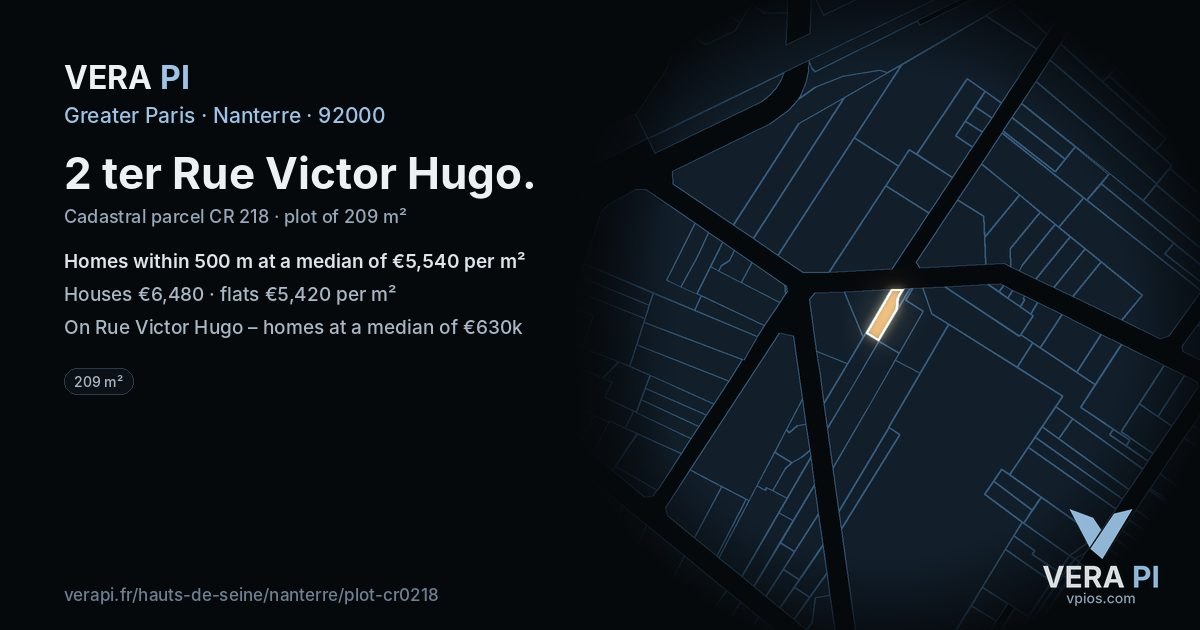 2 ter Rue Victor Hugo, Nanterre at night – the plot lit, the parcels around coloured by the prices near them