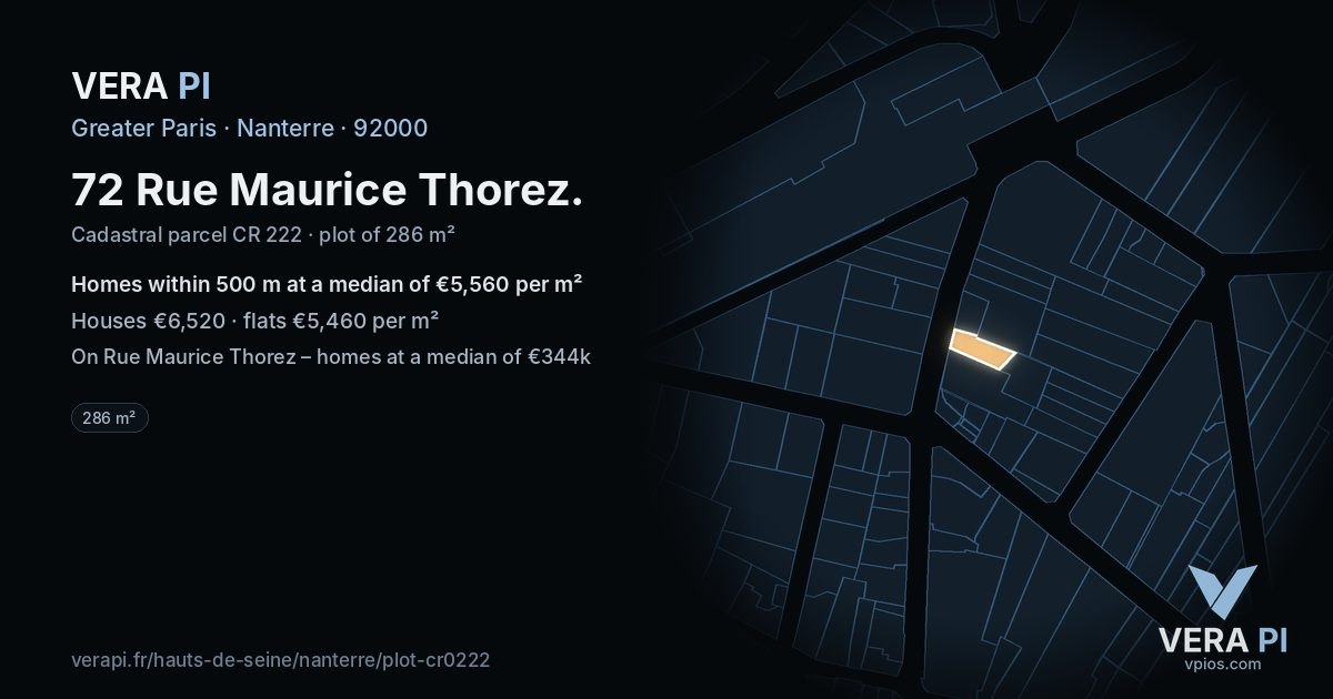 72 Rue Maurice Thorez, Nanterre at night – the plot lit, the parcels around coloured by the prices near them