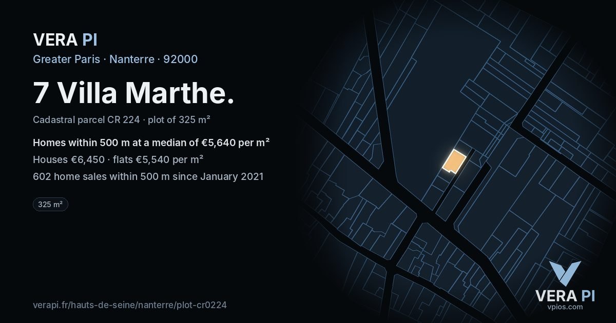 7 Villa Marthe, Nanterre at night – the plot lit, the parcels around coloured by the prices near them