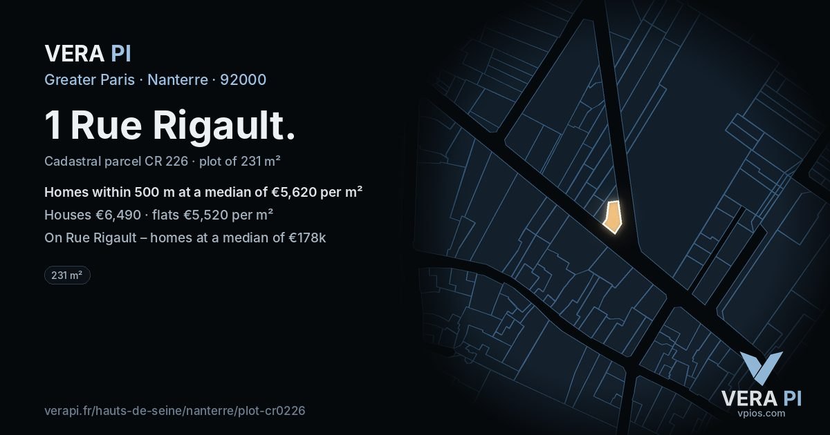 1 Rue Rigault, Nanterre at night – the plot lit, the parcels around coloured by the prices near them