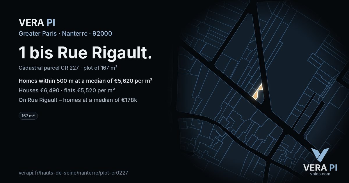 1 bis Rue Rigault, Nanterre at night – the plot lit, the parcels around coloured by the prices near them