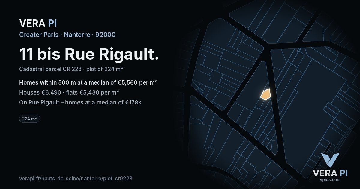11 bis Rue Rigault, Nanterre at night – the plot lit, the parcels around coloured by the prices near them