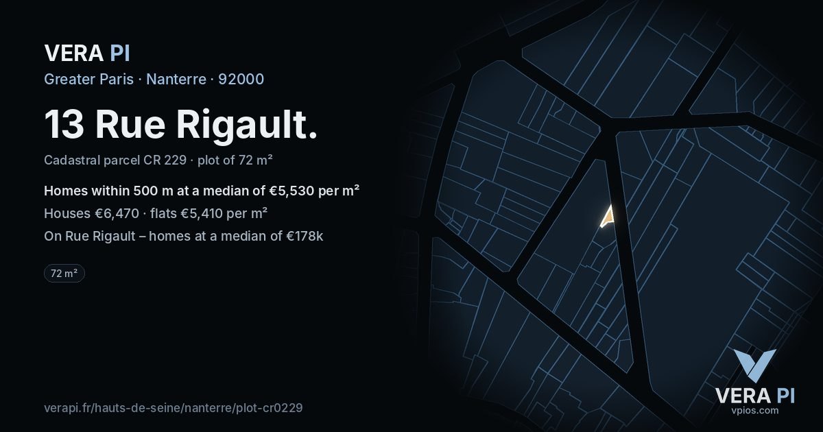 13 Rue Rigault, Nanterre at night – the plot lit, the parcels around coloured by the prices near them