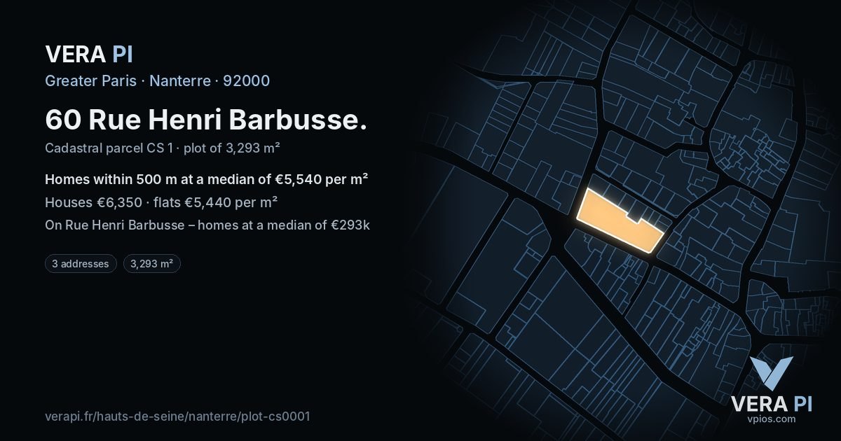 60 Rue Henri Barbusse, Nanterre at night – the plot lit, the parcels around coloured by the prices near them