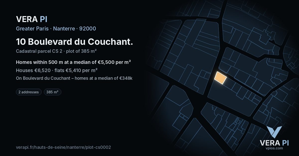 10 Boulevard du Couchant, Nanterre at night – the plot lit, the parcels around coloured by the prices near them