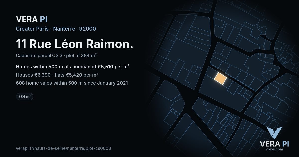 11 Rue Léon Raimon, Nanterre at night – the plot lit, the parcels around coloured by the prices near them
