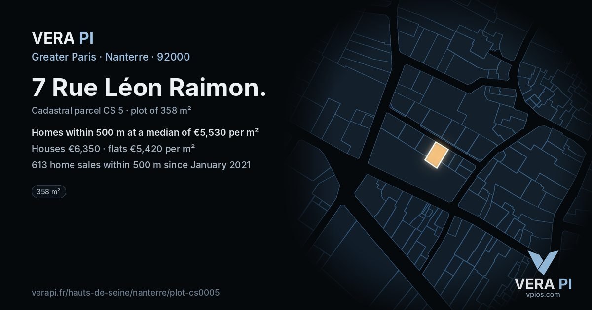 7 Rue Léon Raimon, Nanterre at night – the plot lit, the parcels around coloured by the prices near them