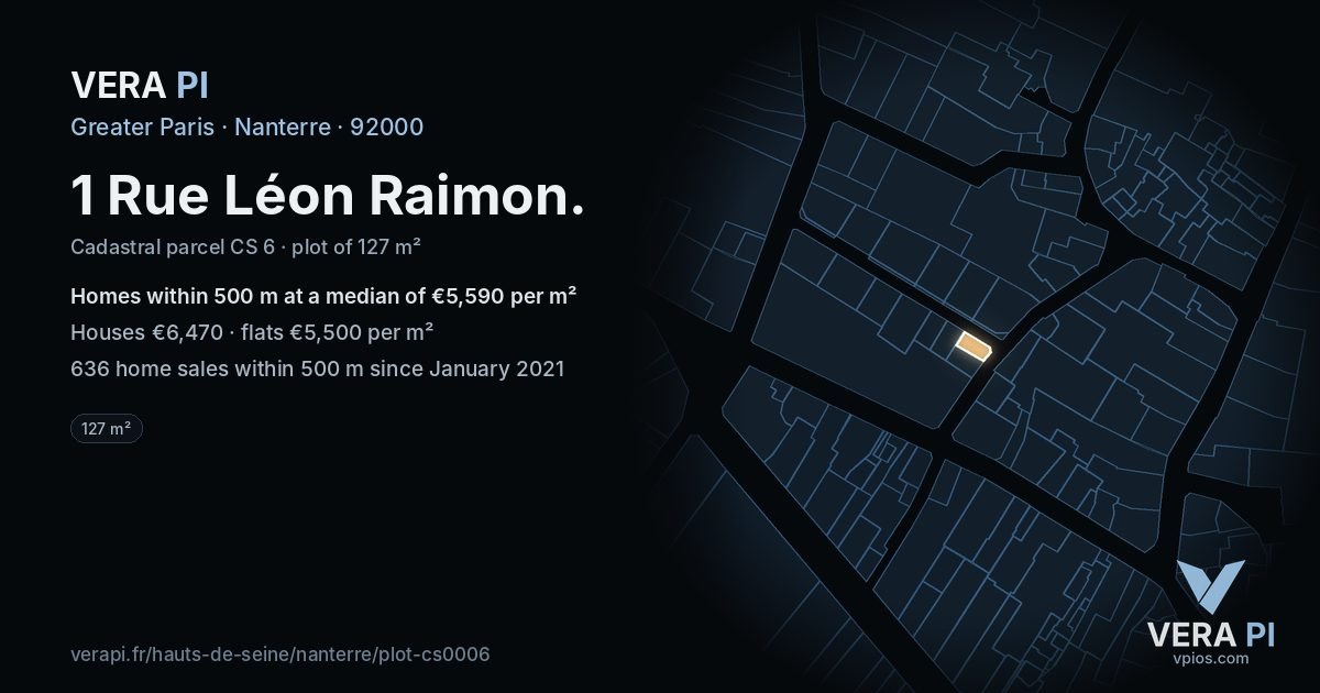 1 Rue Léon Raimon, Nanterre at night – the plot lit, the parcels around coloured by the prices near them