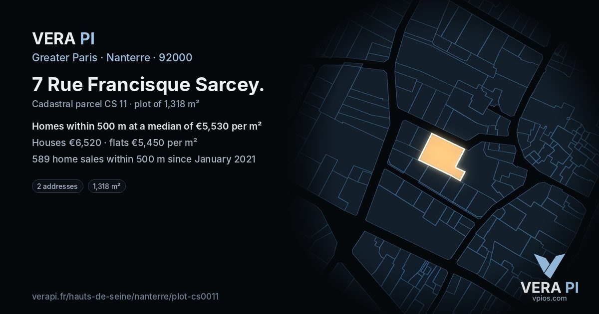 7 Rue Francisque Sarcey, Nanterre at night – the plot lit, the parcels around coloured by the prices near them