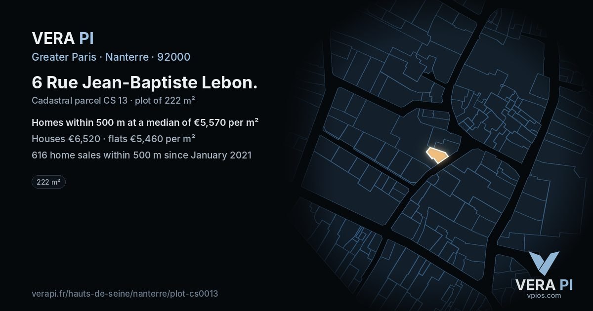 6 Rue Jean-Baptiste Lebon, Nanterre at night – the plot lit, the parcels around coloured by the prices near them