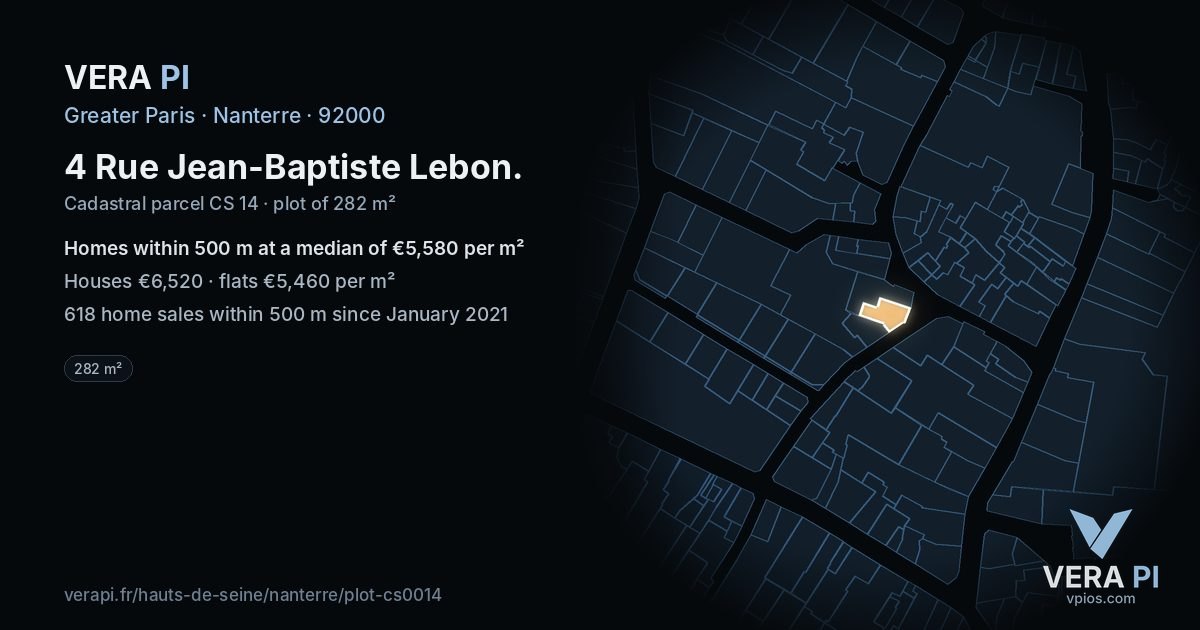 4 Rue Jean-Baptiste Lebon, Nanterre at night – the plot lit, the parcels around coloured by the prices near them
