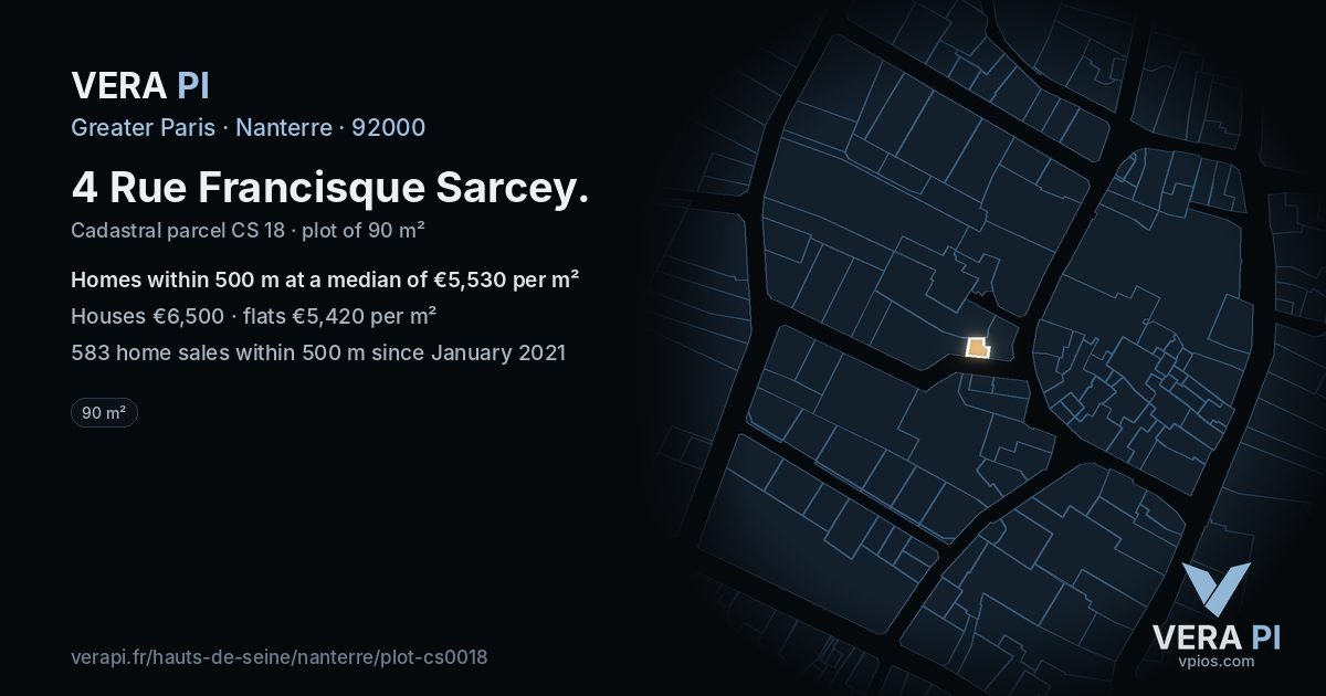 4 Rue Francisque Sarcey, Nanterre at night – the plot lit, the parcels around coloured by the prices near them