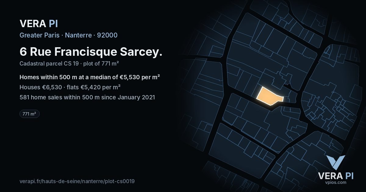 6 Rue Francisque Sarcey, Nanterre at night – the plot lit, the parcels around coloured by the prices near them