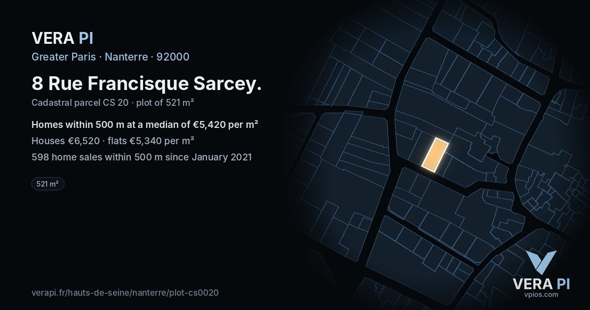 8 Rue Francisque Sarcey, Nanterre at night – the plot lit, the parcels around coloured by the prices near them