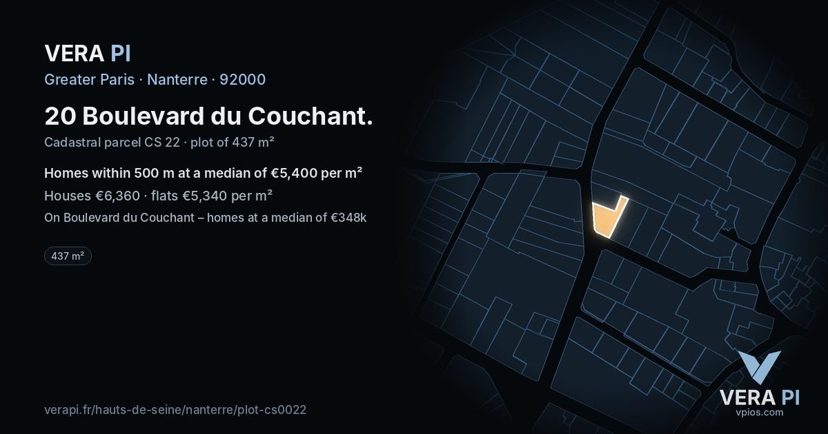 20 Boulevard du Couchant, Nanterre at night – the plot lit, the parcels around coloured by the prices near them