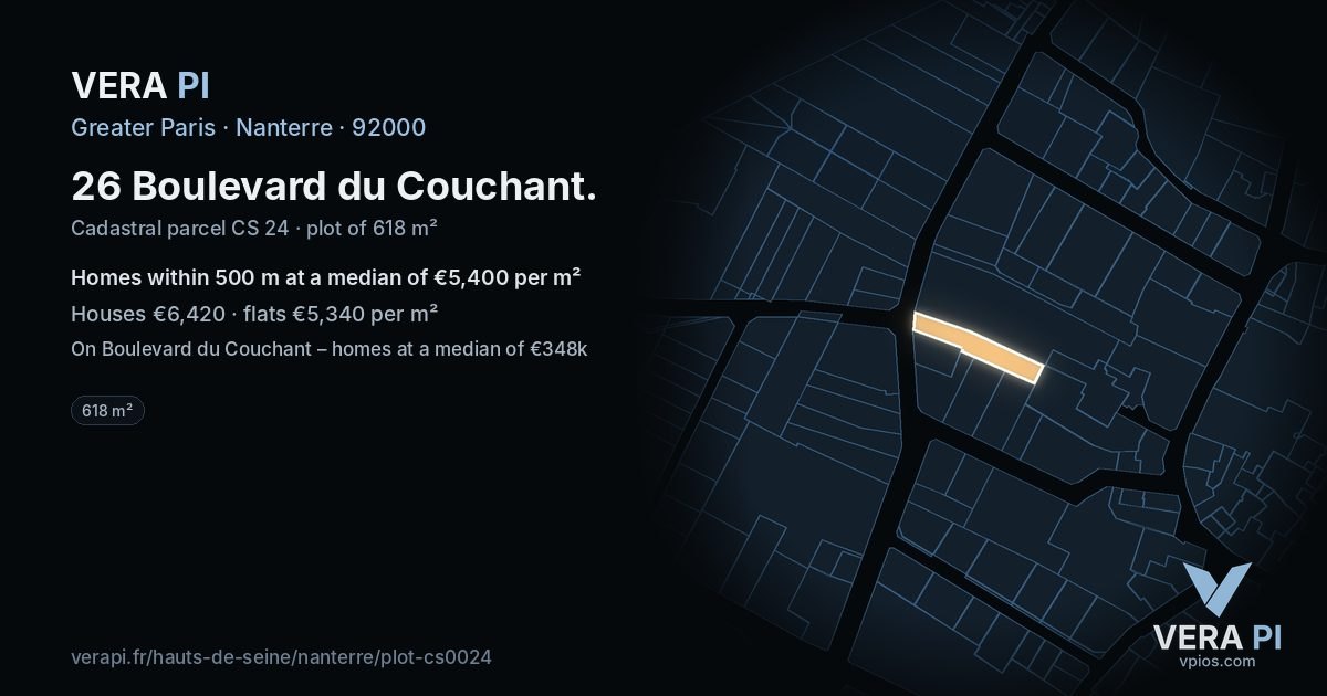 26 Boulevard du Couchant, Nanterre at night – the plot lit, the parcels around coloured by the prices near them