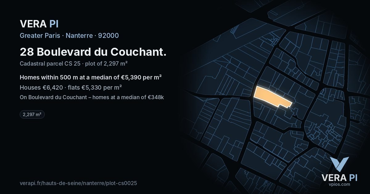 28 Boulevard du Couchant, Nanterre at night – the plot lit, the parcels around coloured by the prices near them