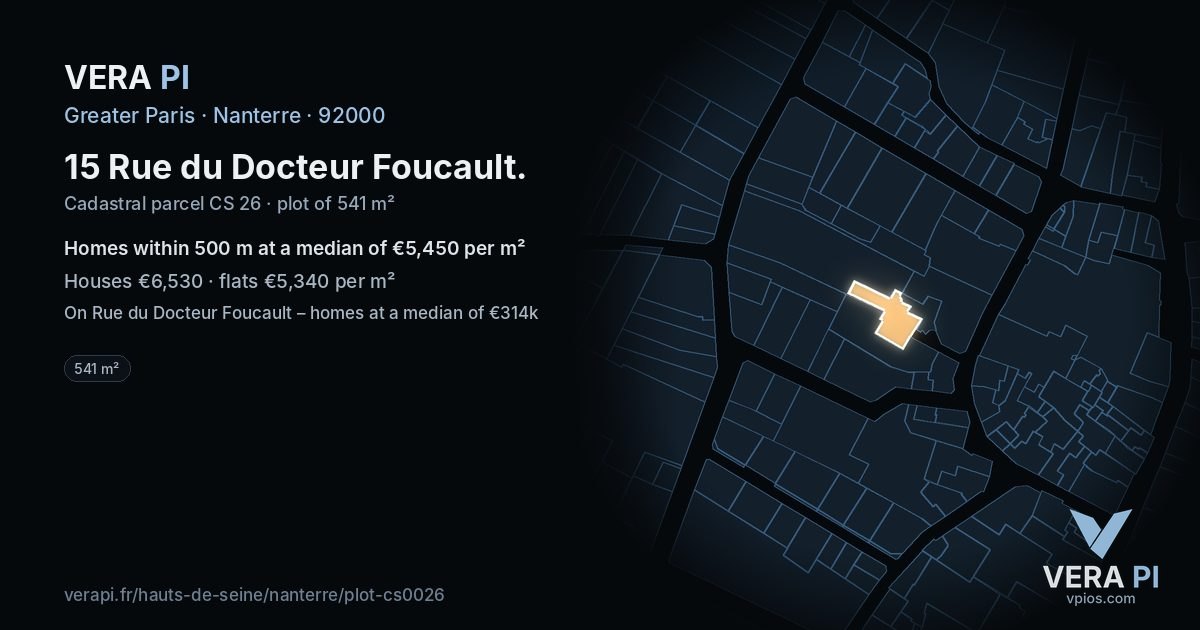 15 Rue du Docteur Foucault, Nanterre at night – the plot lit, the parcels around coloured by the prices near them