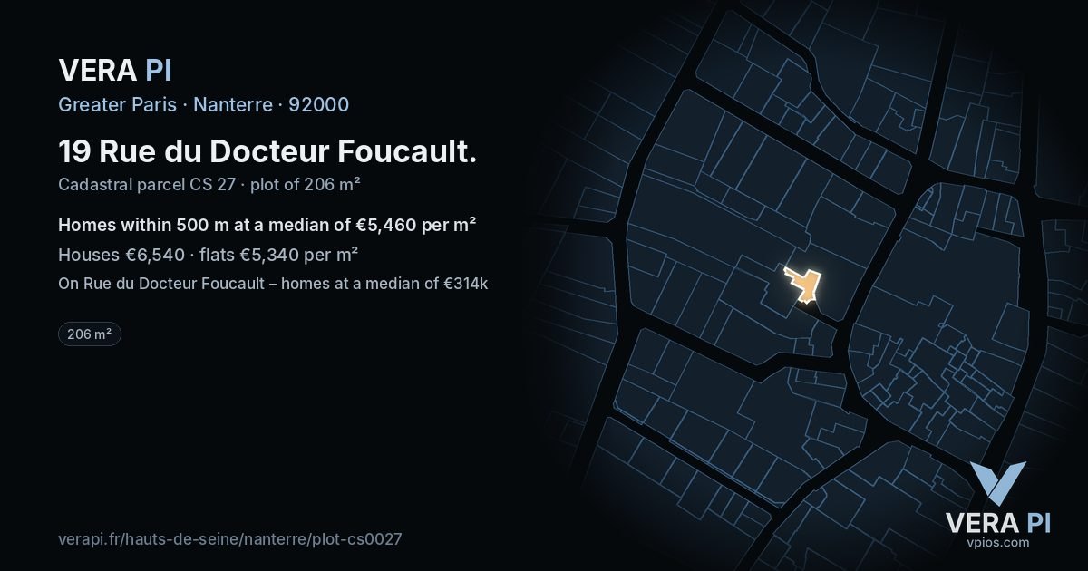 19 Rue du Docteur Foucault, Nanterre at night – the plot lit, the parcels around coloured by the prices near them