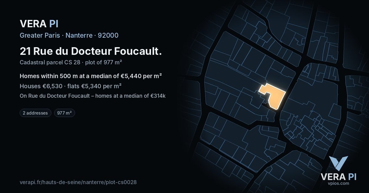 21 Rue du Docteur Foucault, Nanterre at night – the plot lit, the parcels around coloured by the prices near them