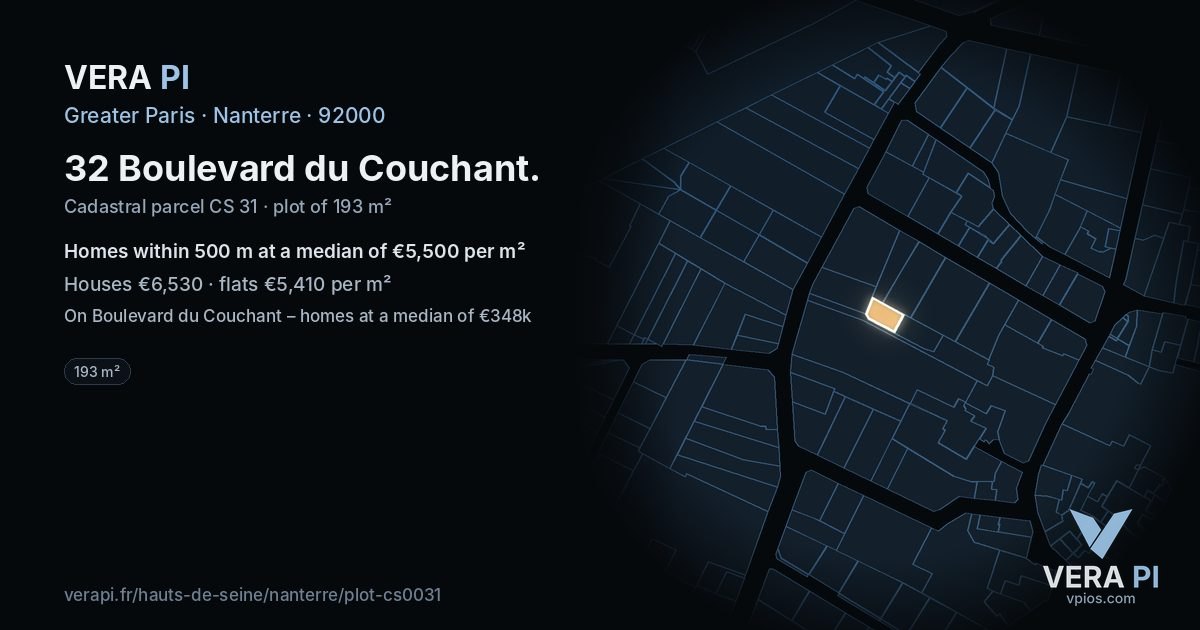 32 Boulevard du Couchant, Nanterre at night – the plot lit, the parcels around coloured by the prices near them