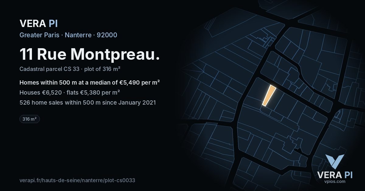 11 Rue Montpreau, Nanterre at night – the plot lit, the parcels around coloured by the prices near them