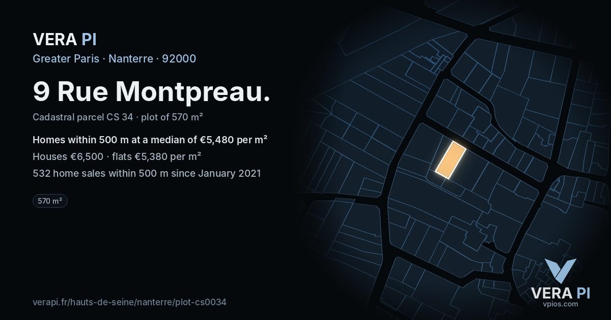 9 Rue Montpreau, Nanterre at night – the plot lit, the parcels around coloured by the prices near them