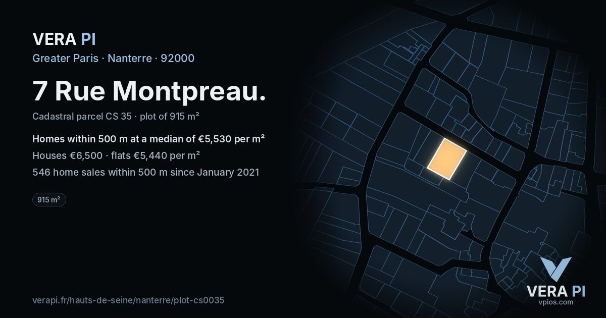 7 Rue Montpreau, Nanterre at night – the plot lit, the parcels around coloured by the prices near them