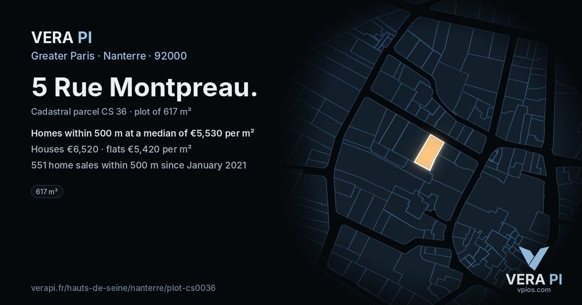 5 Rue Montpreau, Nanterre at night – the plot lit, the parcels around coloured by the prices near them
