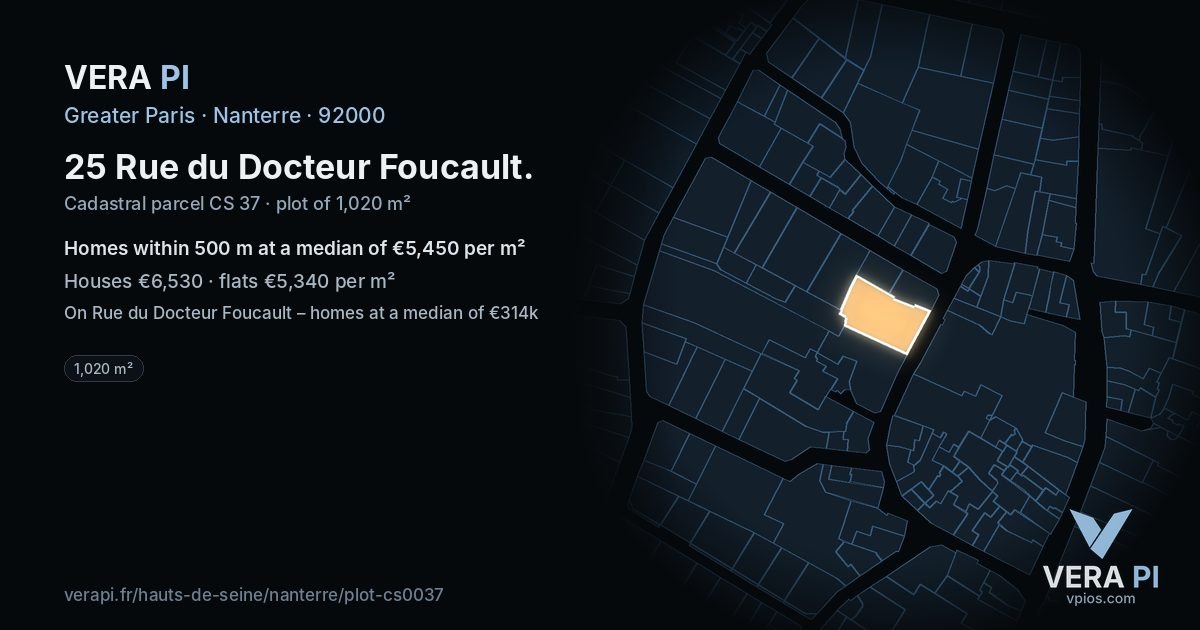 25 Rue du Docteur Foucault, Nanterre at night – the plot lit, the parcels around coloured by the prices near them