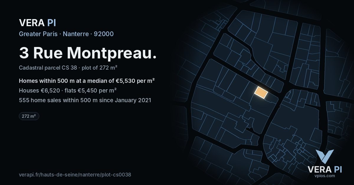 3 Rue Montpreau, Nanterre at night – the plot lit, the parcels around coloured by the prices near them