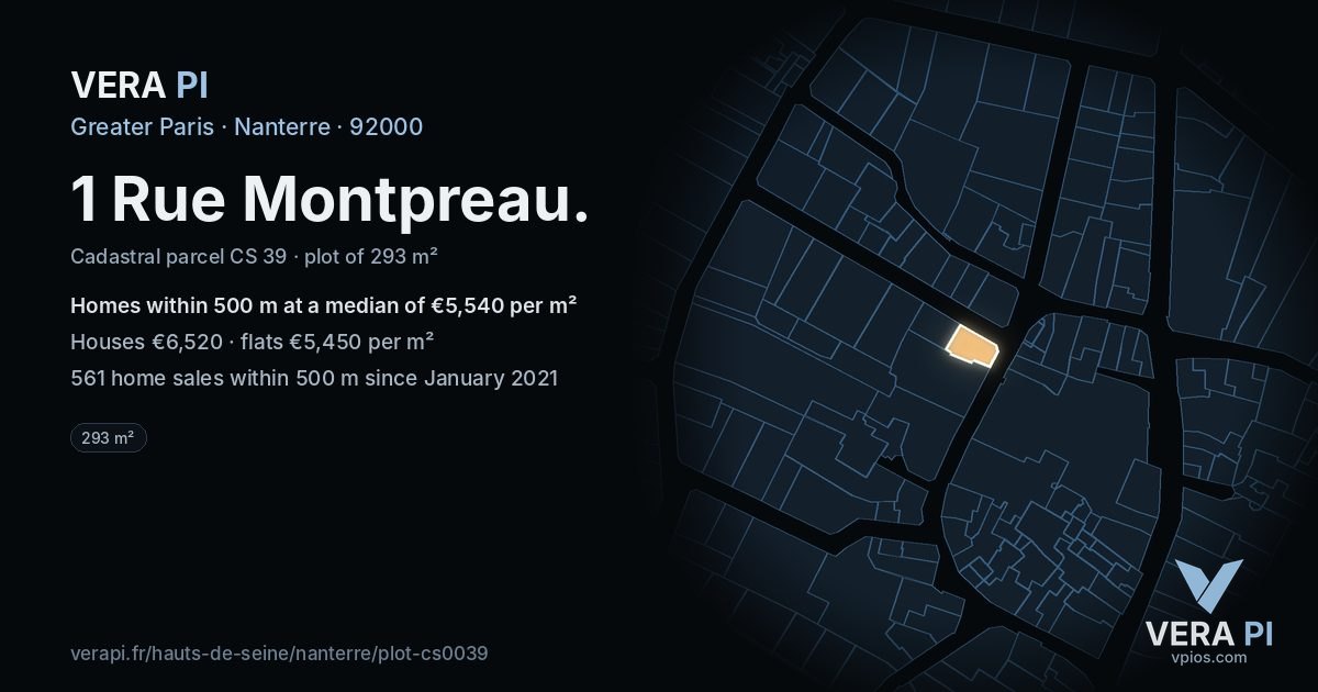 1 Rue Montpreau, Nanterre at night – the plot lit, the parcels around coloured by the prices near them
