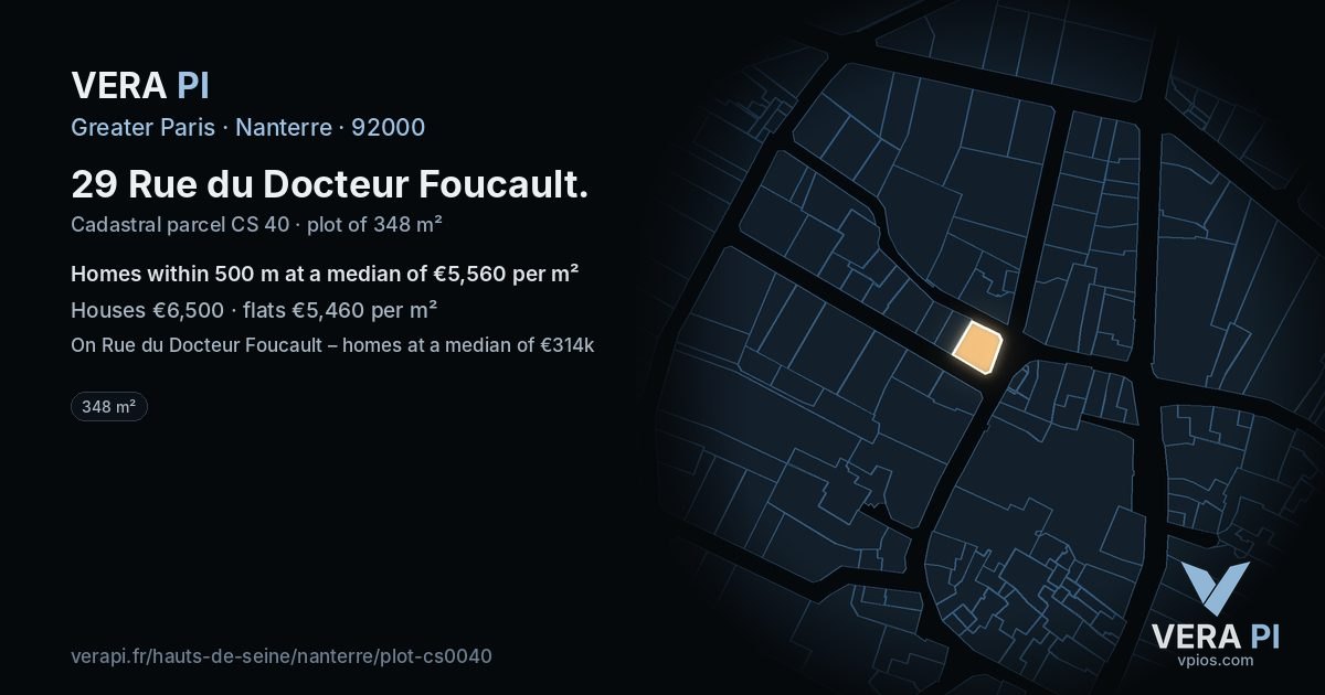 29 Rue du Docteur Foucault, Nanterre at night – the plot lit, the parcels around coloured by the prices near them