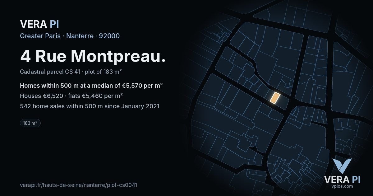 4 Rue Montpreau, Nanterre at night – the plot lit, the parcels around coloured by the prices near them