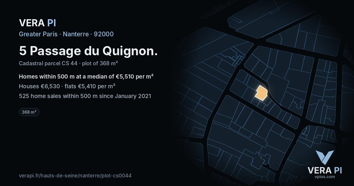 5 Passage du Quignon, Nanterre at night – the plot lit, the parcels around coloured by the prices near them