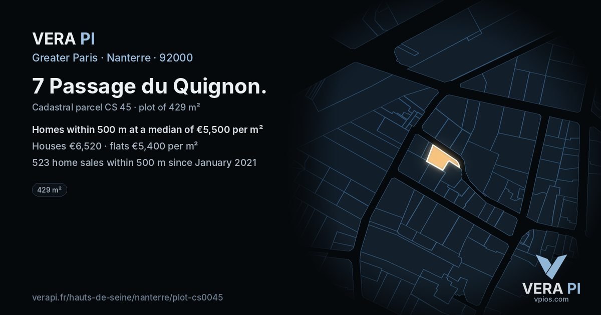 7 Passage du Quignon, Nanterre at night – the plot lit, the parcels around coloured by the prices near them