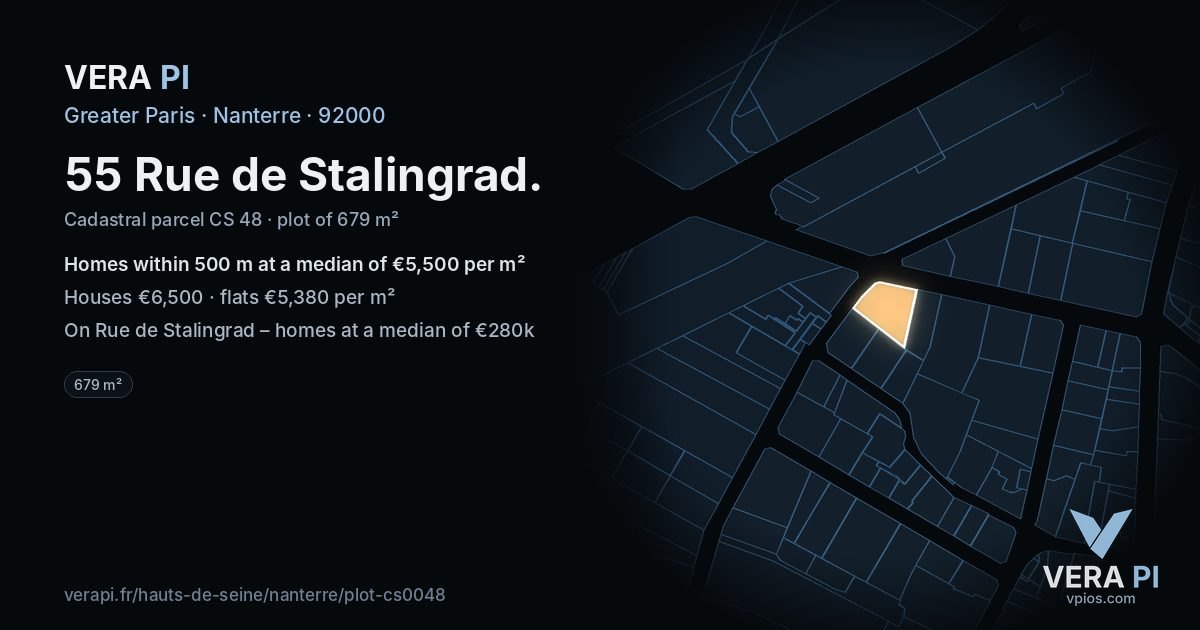 55 Rue de Stalingrad, Nanterre at night – the plot lit, the parcels around coloured by the prices near them