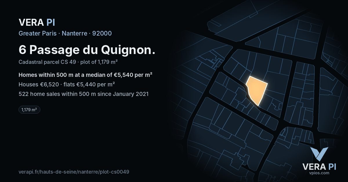 6 Passage du Quignon, Nanterre at night – the plot lit, the parcels around coloured by the prices near them