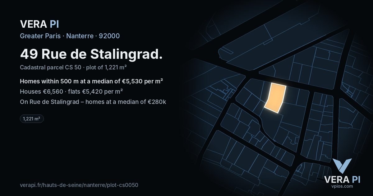 49 Rue de Stalingrad, Nanterre at night – the plot lit, the parcels around coloured by the prices near them