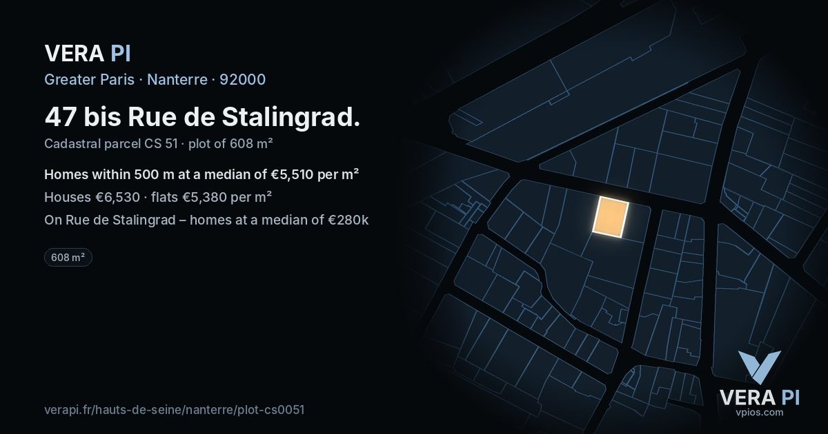 47 bis Rue de Stalingrad, Nanterre at night – the plot lit, the parcels around coloured by the prices near them