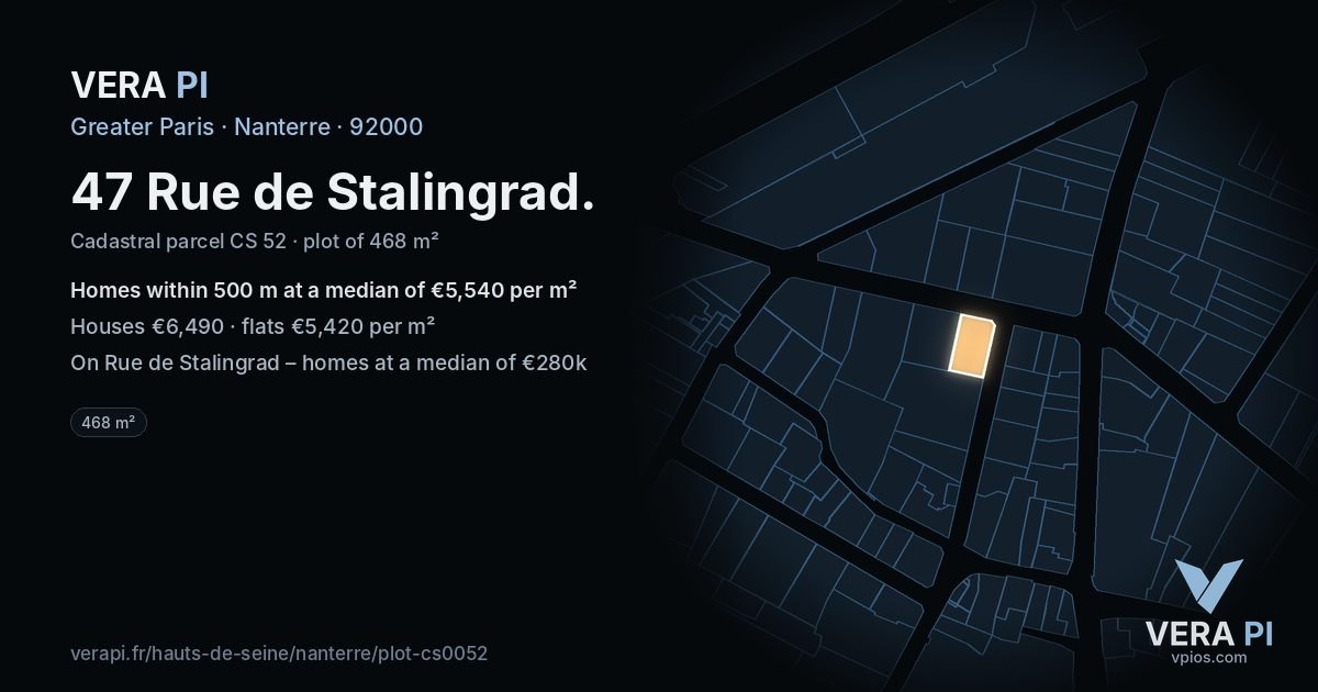 47 Rue de Stalingrad, Nanterre at night – the plot lit, the parcels around coloured by the prices near them