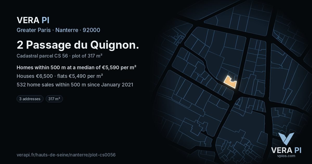 2 Passage du Quignon, Nanterre at night – the plot lit, the parcels around coloured by the prices near them